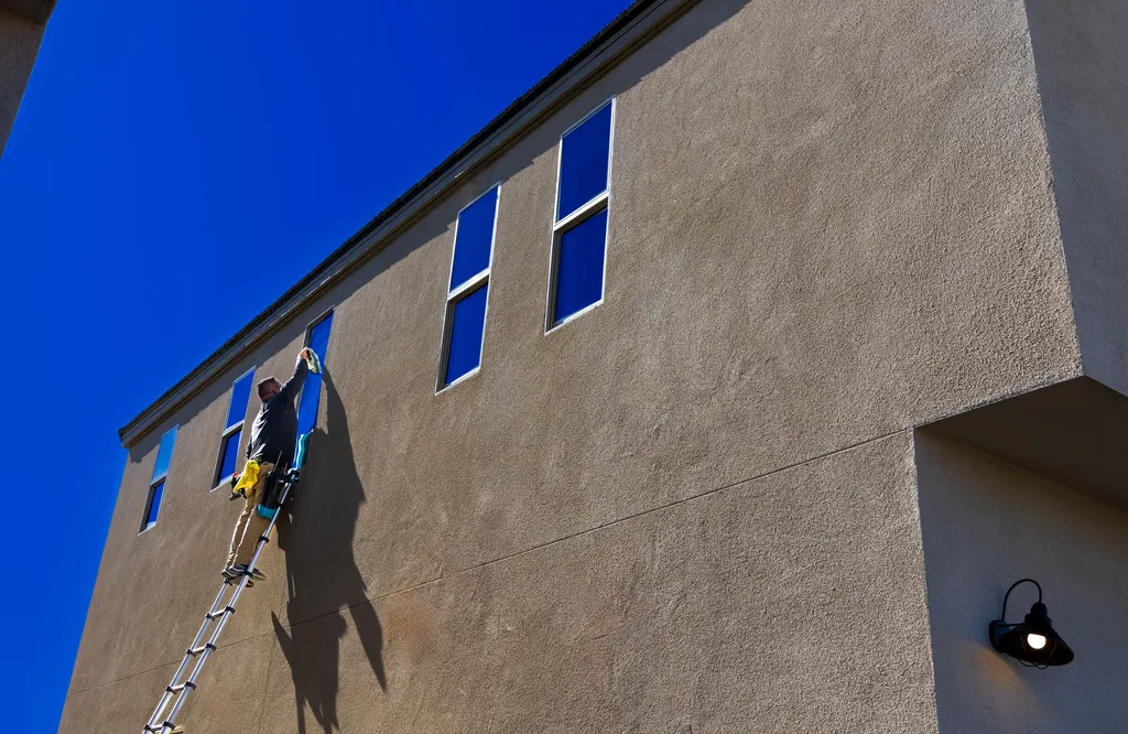 Fensterreinigung von der Leiter an einer Hausfassade