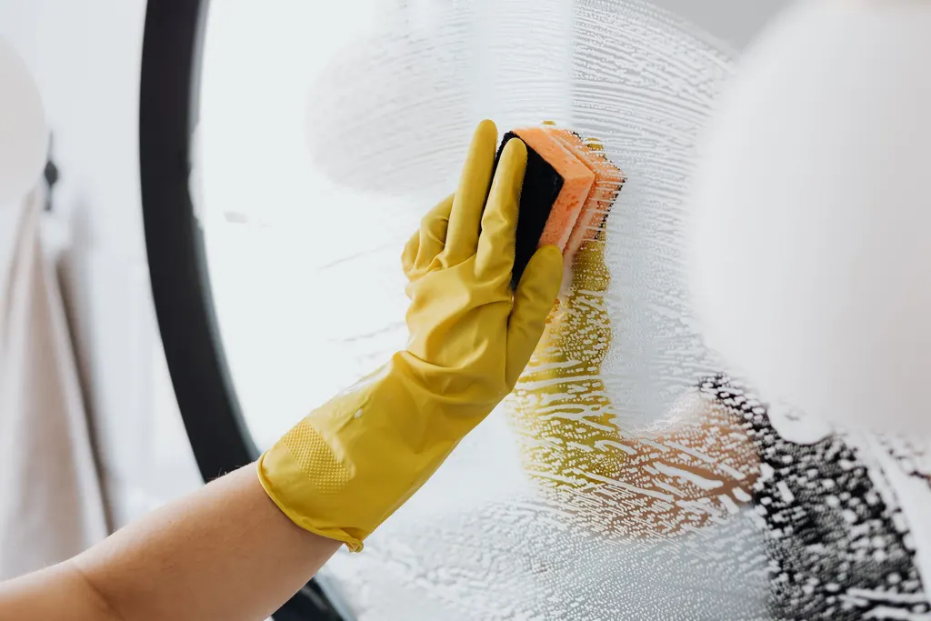 Hand im gelben Handschuh reinigt eine Glasfläche mit dem Schwamm