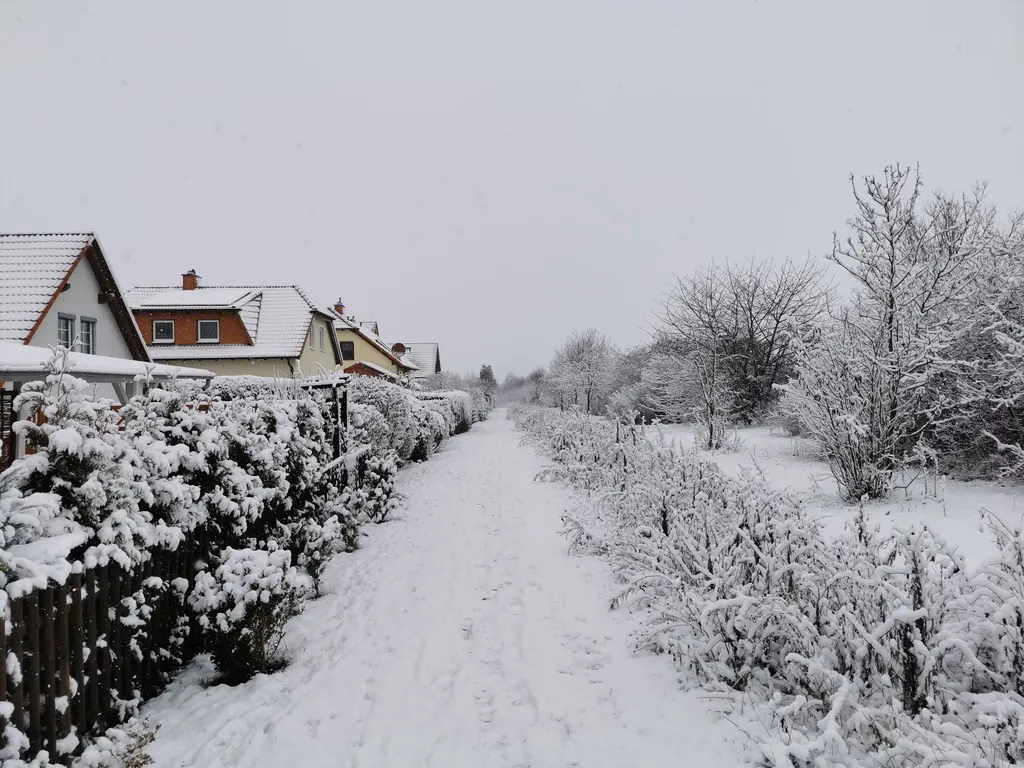 Verschneiter Gehweg in einer Wohnsiedlung